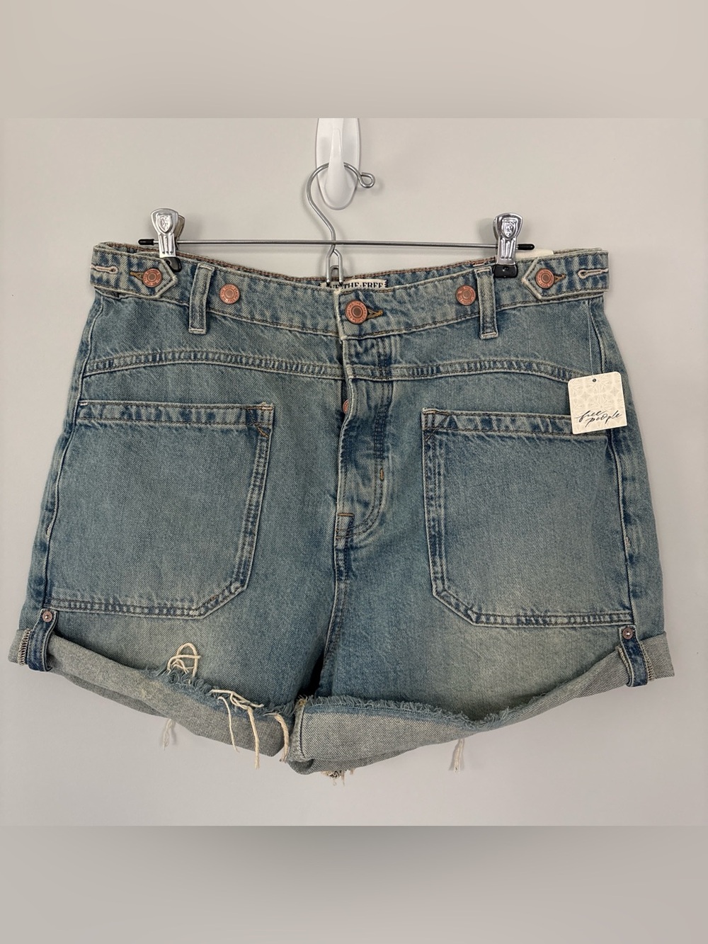 We The Free Distressed Blue Denim Pocket Roll-Hem Shorts